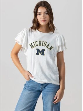 University of Michigan Women's White Ruffle Sleeve Tee